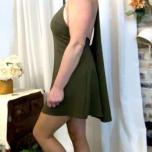 Unique army green dress with key hole neckline and train in back